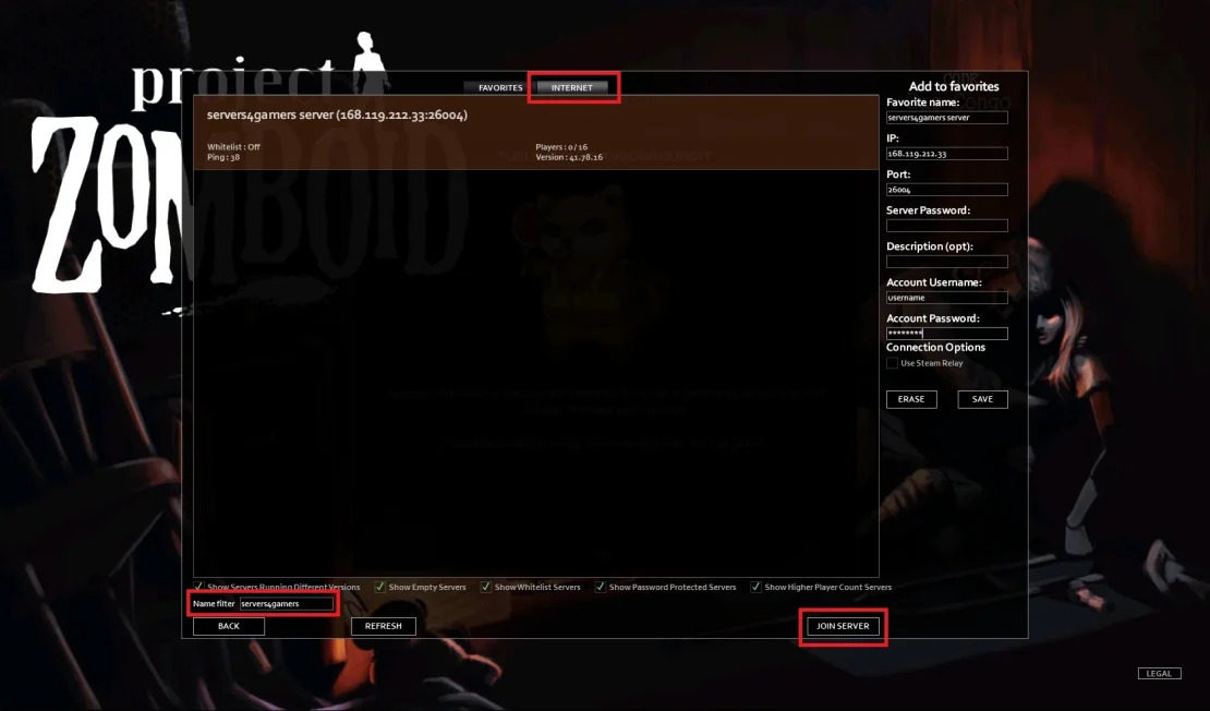 project zomboid join server via server list