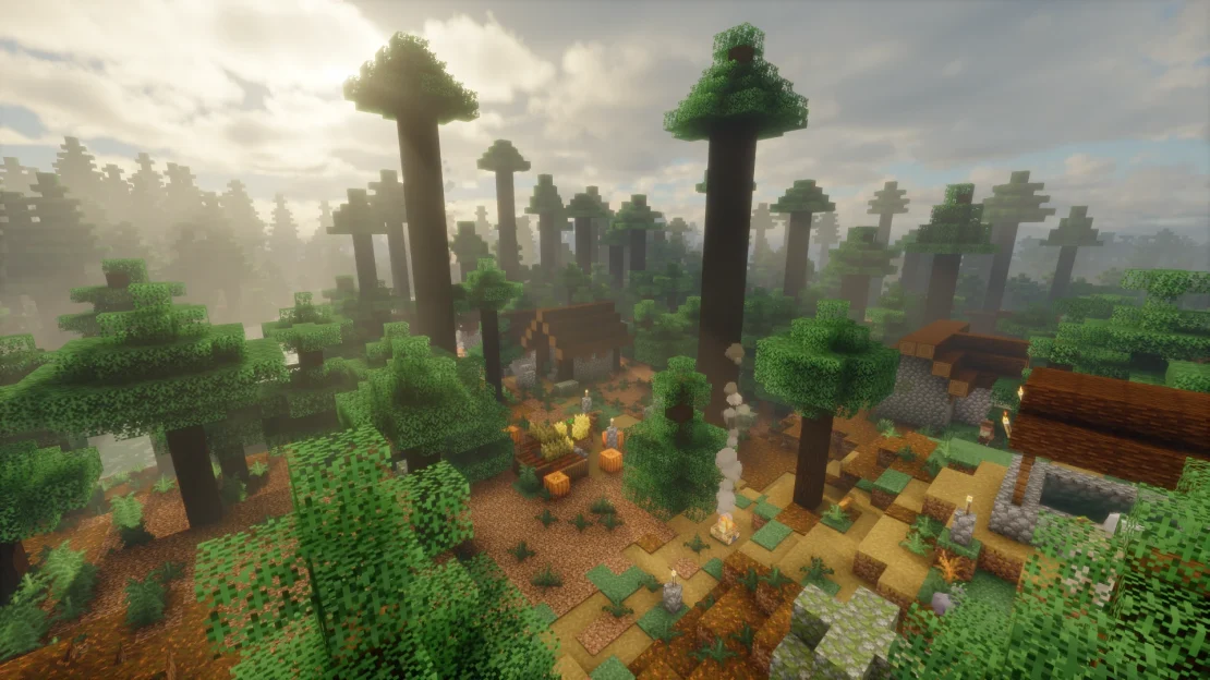 minecraft taiga village surrounded by old growth pine taiga