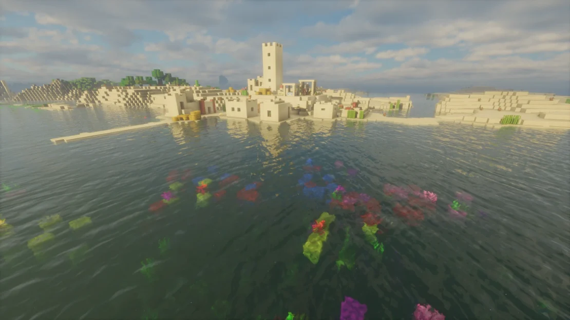 minecraft desert village next to a warm ocean