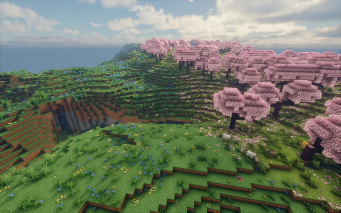 cherry grove biome meeting plains biome in minecraft 