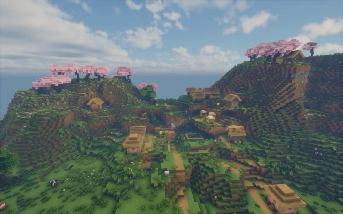 minecraft village between two cherry grove hills