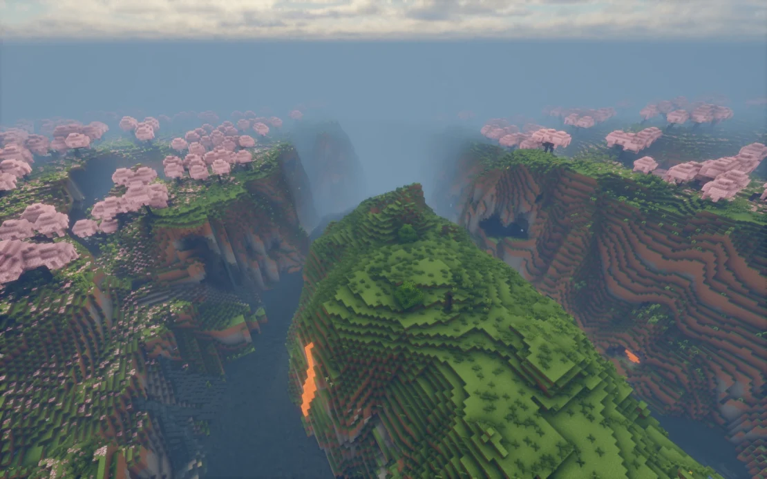 green island surrounded by water and land with cherry trees in minecraft