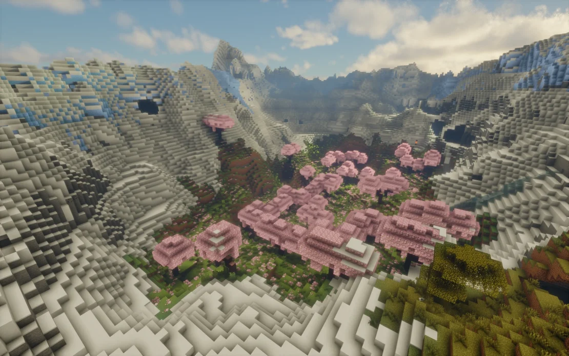 cherry grove biome in a snowy mountain valley in Minecraft