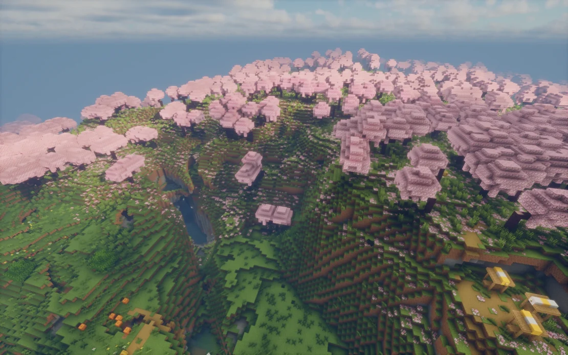 minecraft cherry grove biome with a deep ravine