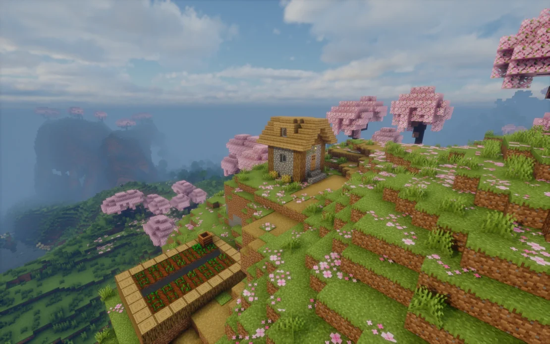 minecraft cherry grove village on highland cliffs