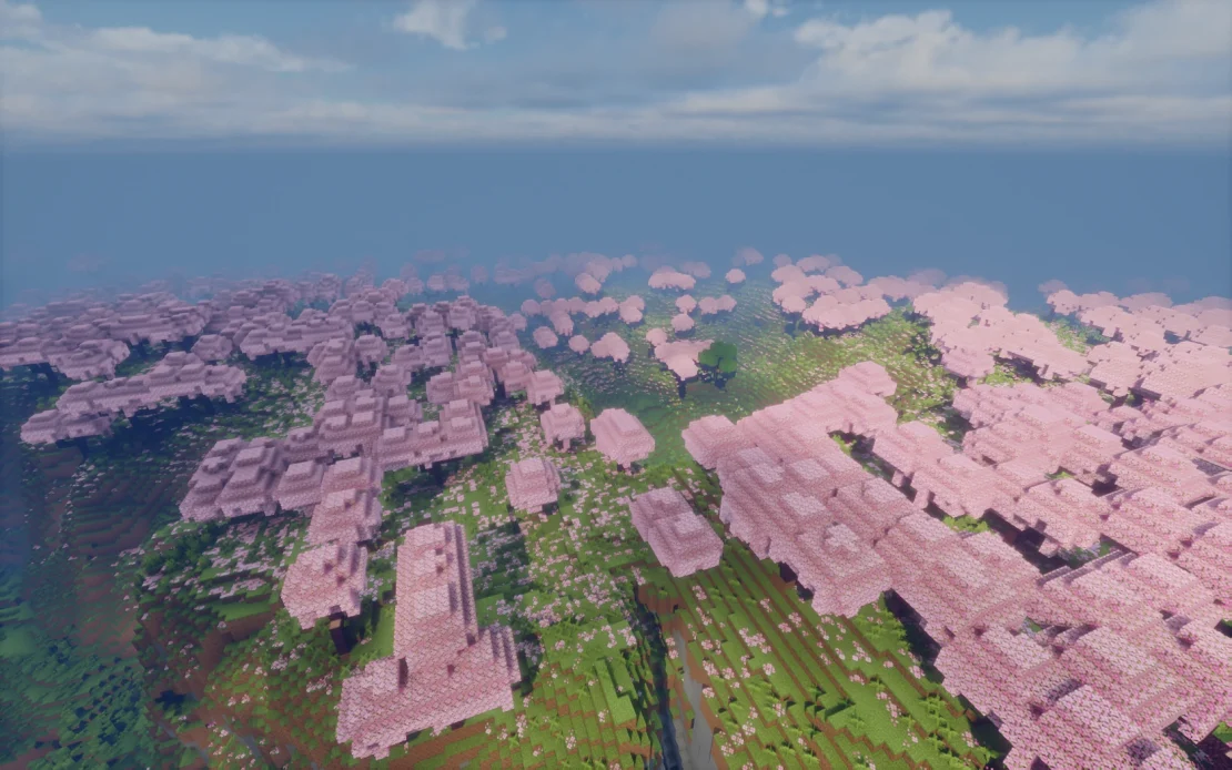 massive cherry grove forest stretching across hills in minecraft