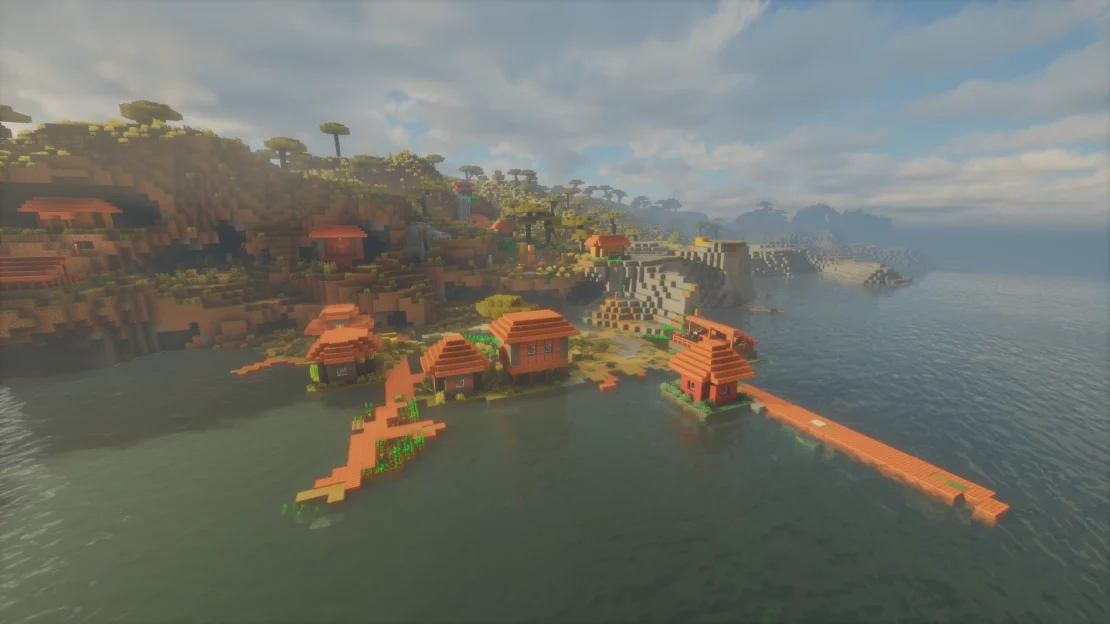minecraft savanna village on a stony shore