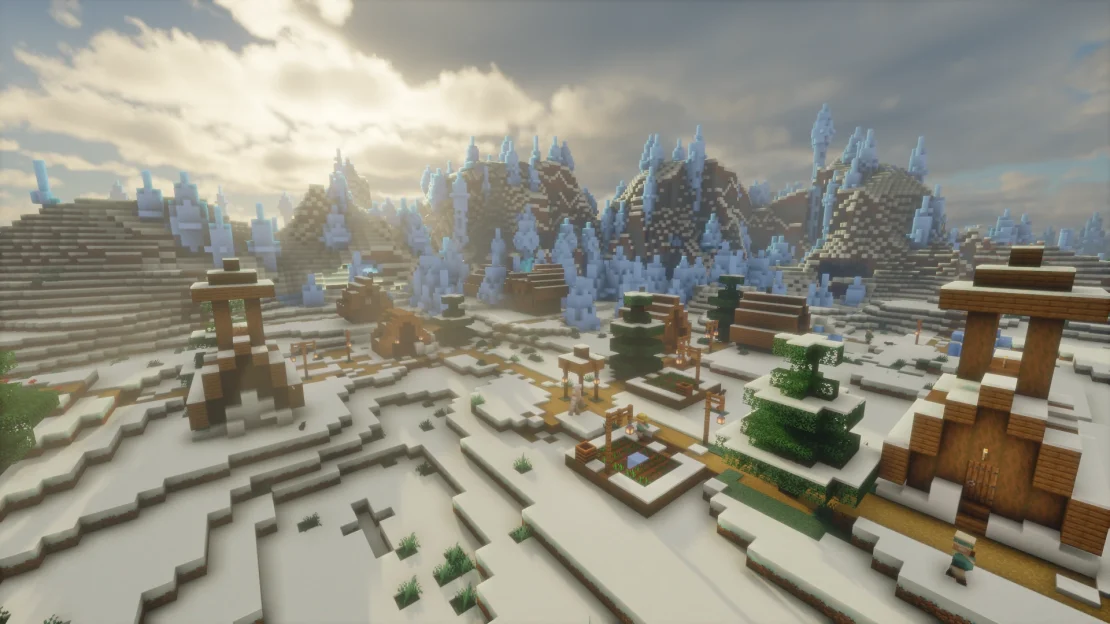 minecraft village at the edge of an ice spikes biome