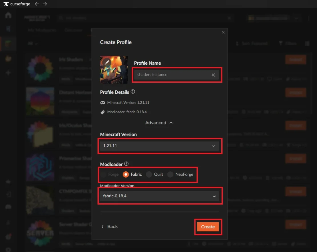 create new instance curseforge