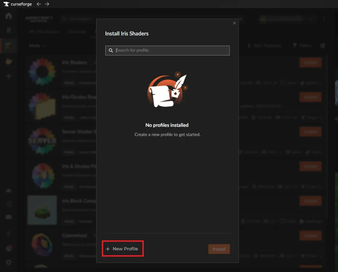 create new profile curseforge