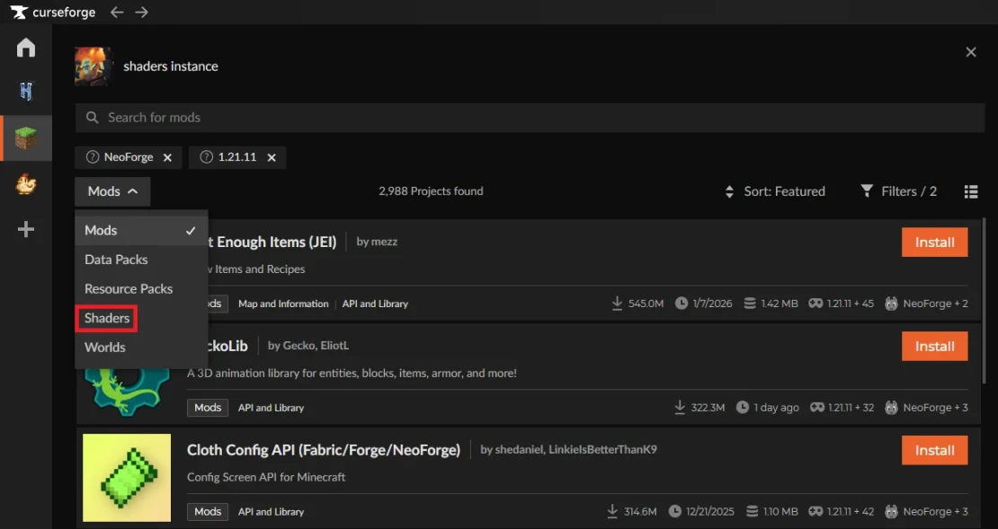curseforge shaders tab