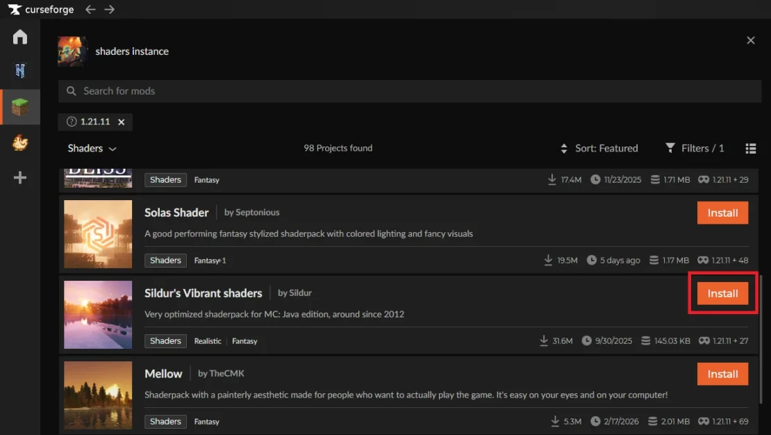 shader installation in curseforge