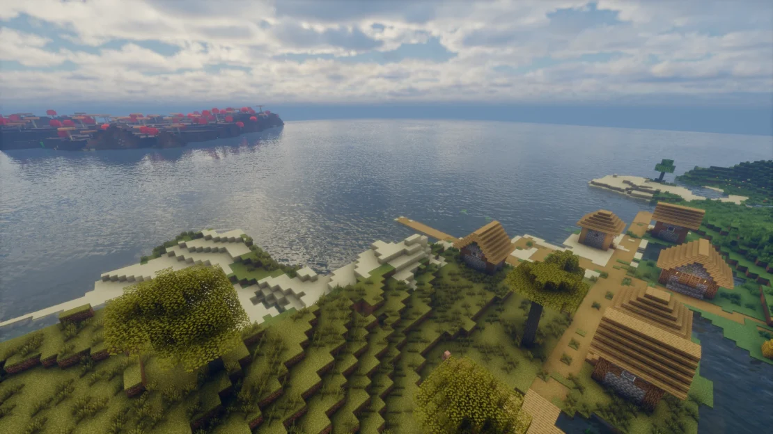 Spawn near a Savanna Village with Mushroom Fields right next to it in Minecraft