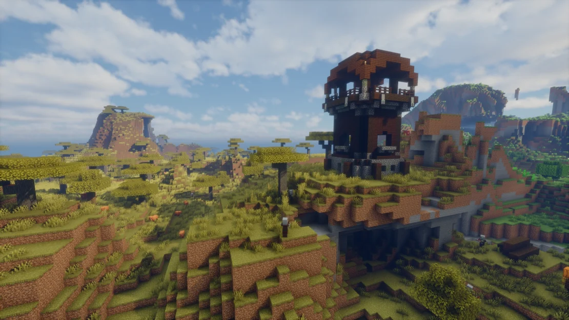 Spawn near a Pillager Outpost in a savanna biome in Minecraft