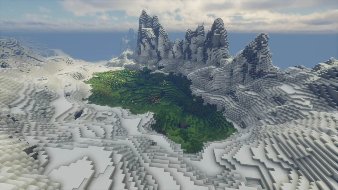 Spawn near a hidden green valley surrounded by giant snowy mountains in Minecraft