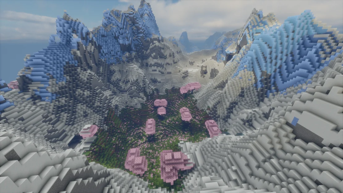 Spawn near a massive Cherry Grove valley surrounded by giant ice mountains in Minecraft