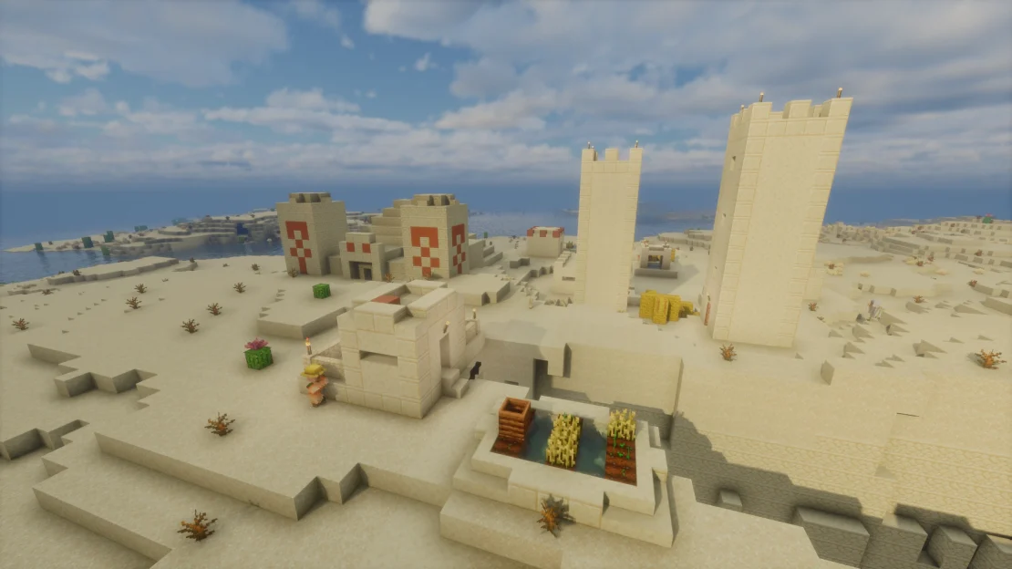 Spawn near a Desert Village with a Desert Pyramid right next to it in Minecraft