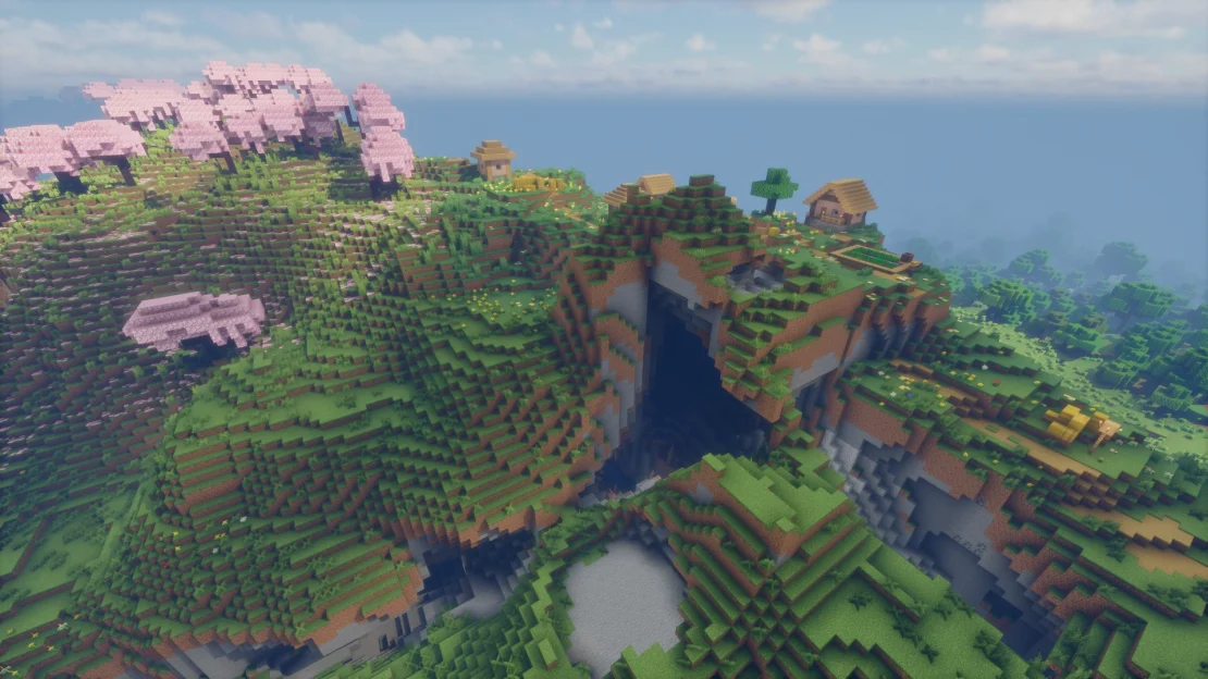 Spawn near a village with a massive underground entrance right below it in Minecraft