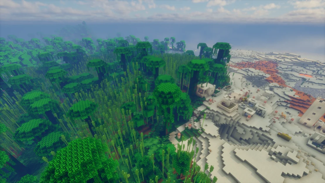 Minecraft desert village generated directly beside a bamboo jungle near spawn