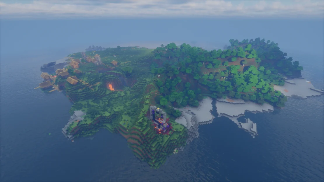 Minecraft island spawn with a coastal village and a giant ruined portal