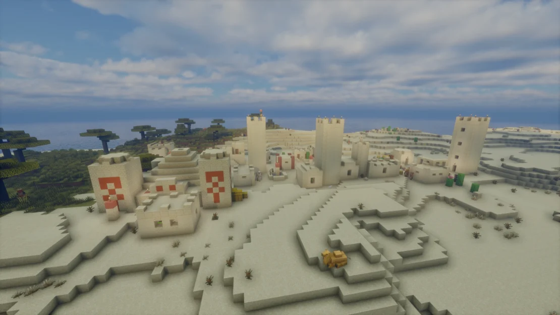 Minecraft desert village with a desert temple near spawn