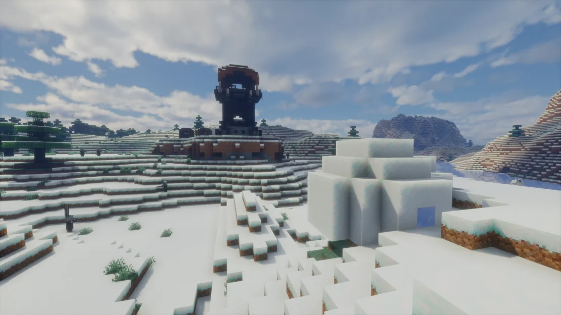 Frozen Minecraft landscape with igloo and pillager outpost