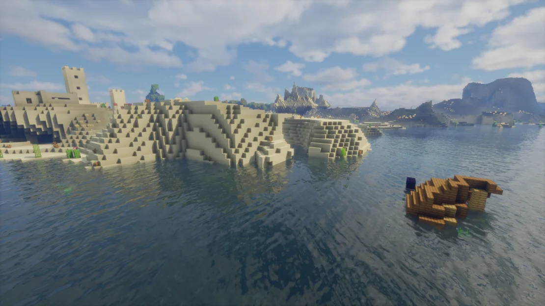 Minecraft shipwreck merged with a ruined portal near a desert village
