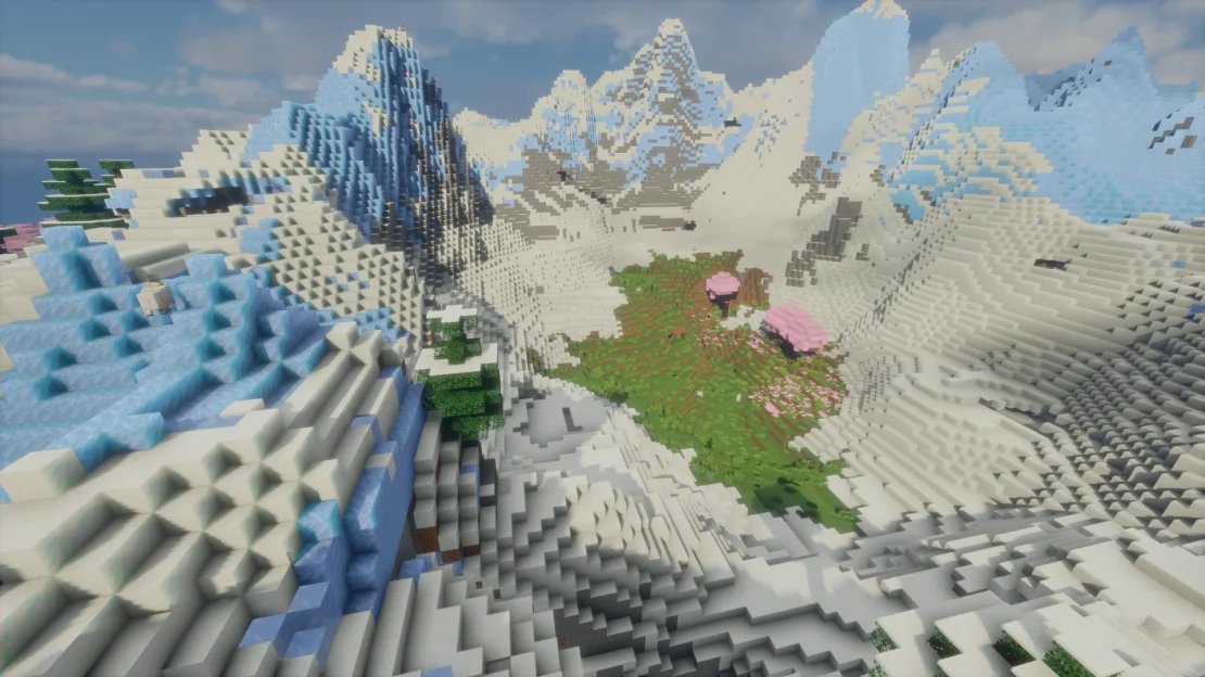 Snowy mountain valley with Cherry Grove tree in Minecraft