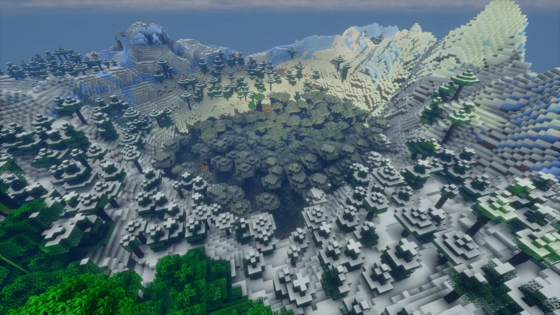 Pale Garden biome hidden inside a snowy mountain valley in Minecraft