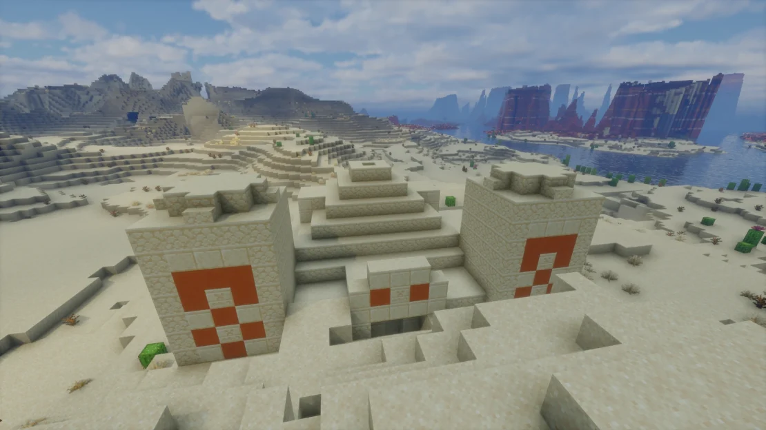 Minecraft desert temple spawn with village, mineshaft, and ruined portal
