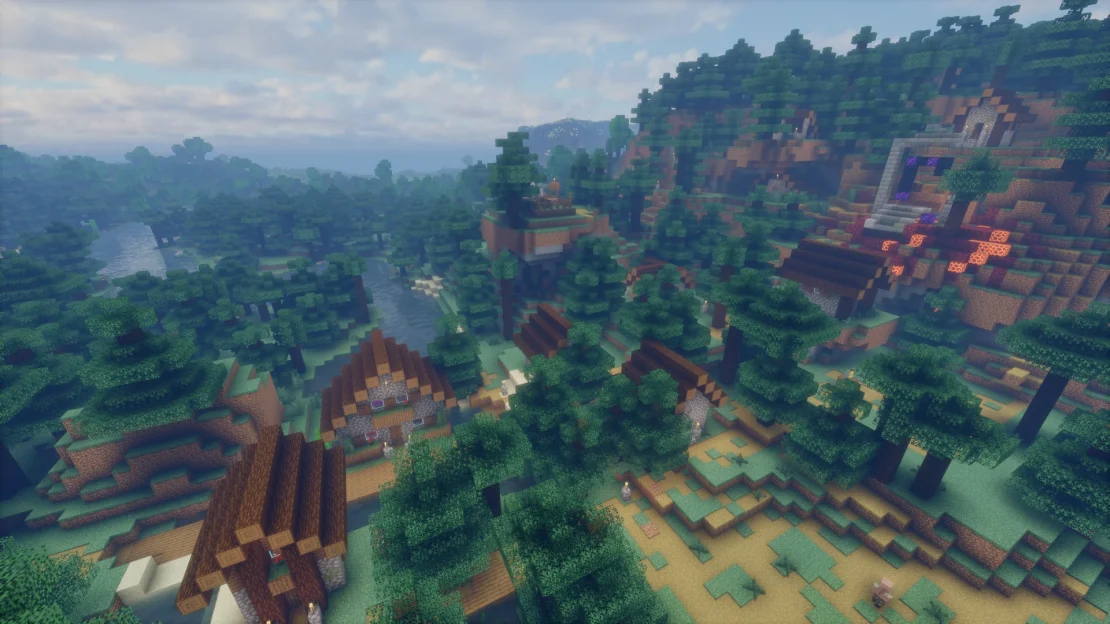 Taiga village with a ruined portal near old growth spruce and pine taiga biomes in Minecraft