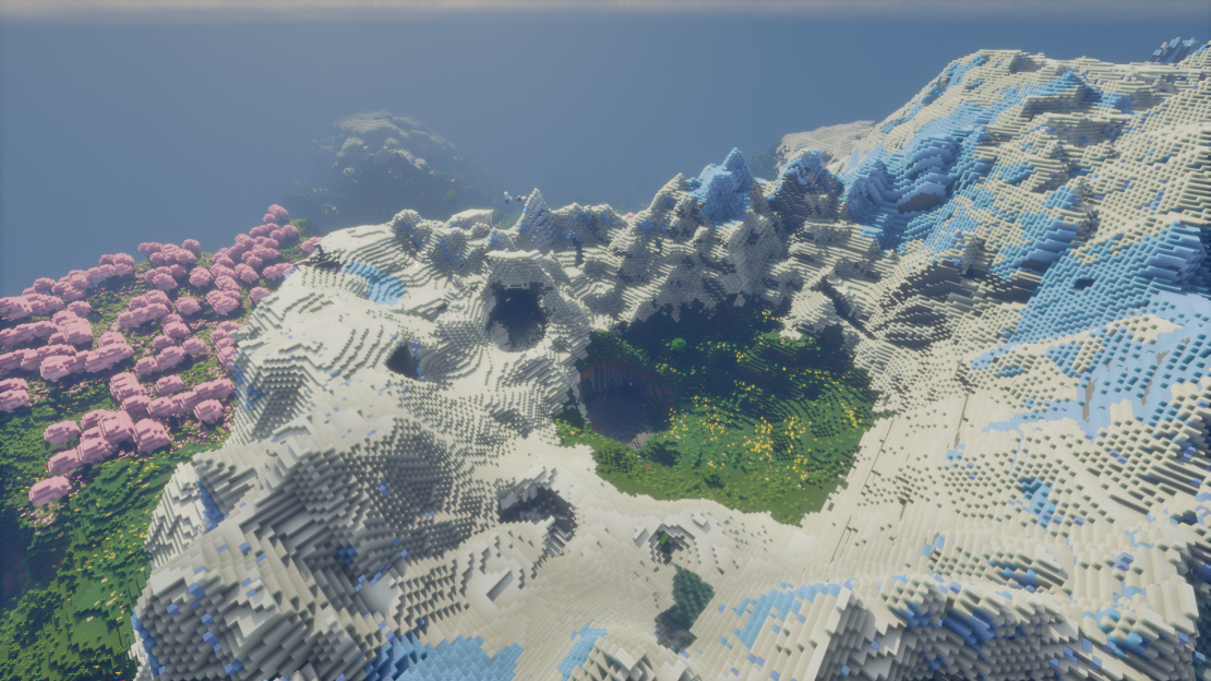 Hidden meadow valley surrounded by frozen mountain peaks near a cherry grove in Minecraft