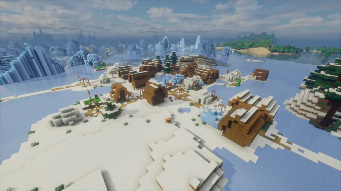 Minecraft snowy village surrounded by icebergs and frozen ocean