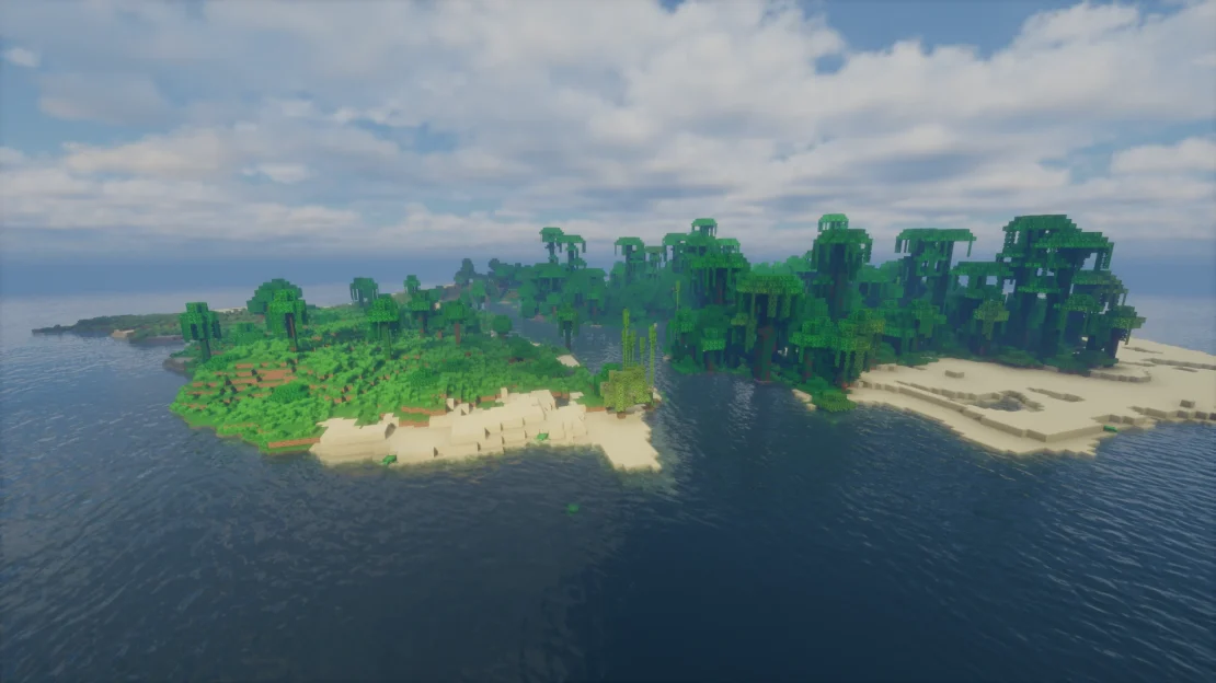 Minecraft jungle island with an azalea tree and nearby shipwreck