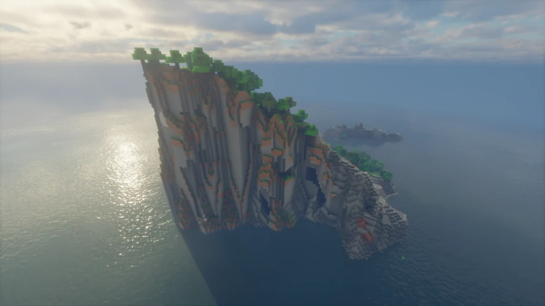 Minecraft island featuring a massive ocean cliff rising high above the sea