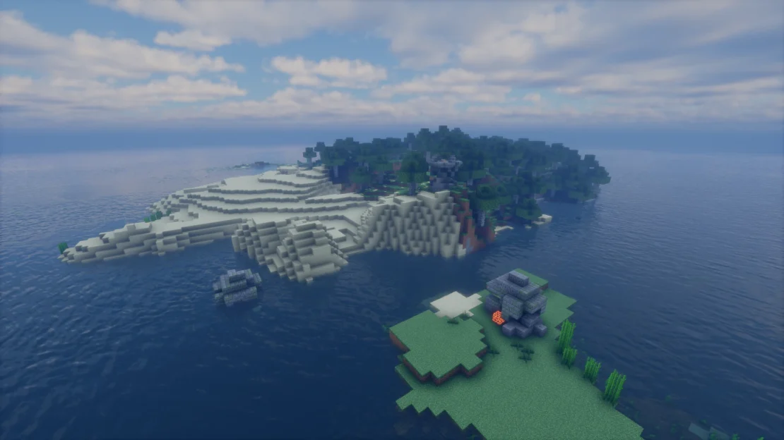 Minecraft survival island with ocean ruins generating near spawn