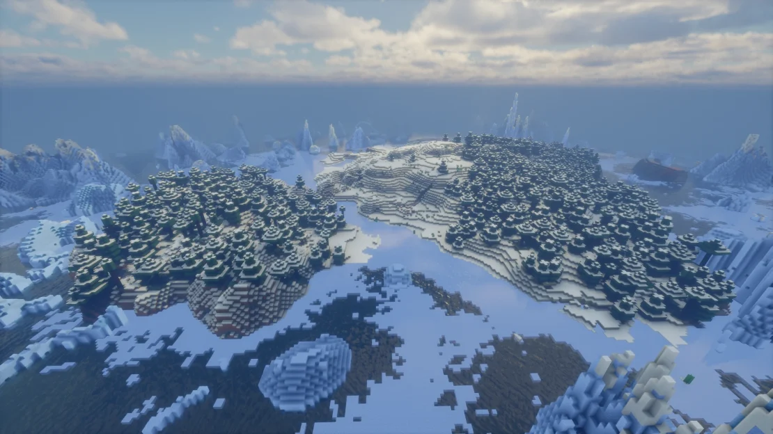 Minecraft snowy island with an igloo surrounded by a frozen ocean near spawn