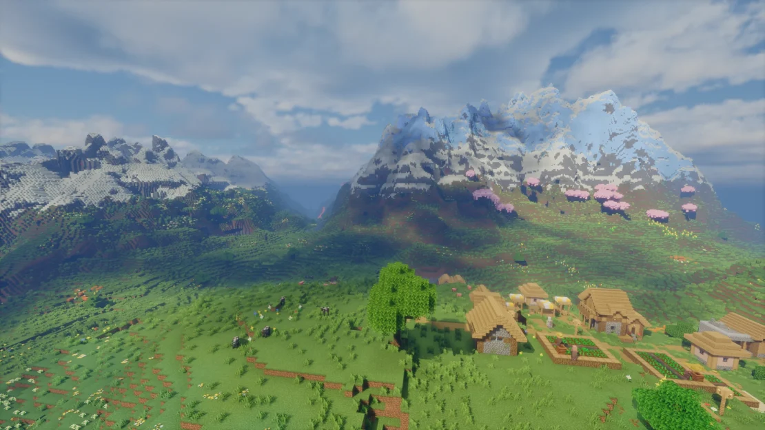 Minecraft village spawn under a giant snowy mountain