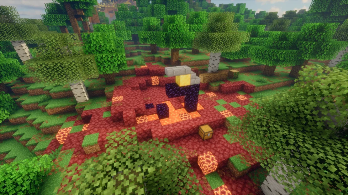 Ruined Portal generating at spawn in a forest biome in Minecraft
