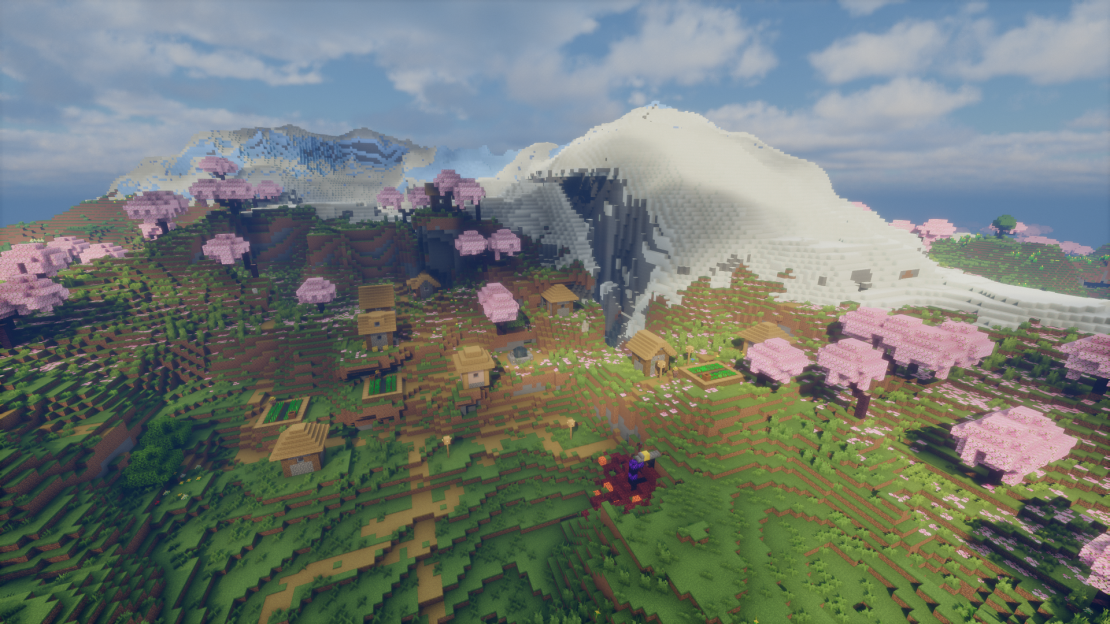 Minecraft village surrounded by cherry grove trees with snowy mountains in the background