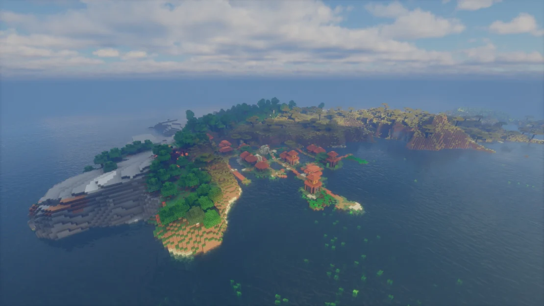 Minecraft island featuring a savanna village and ruined portal near spawn