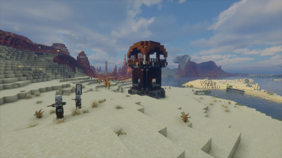 Minecraft spawn next to a pillager outpost in the desert
