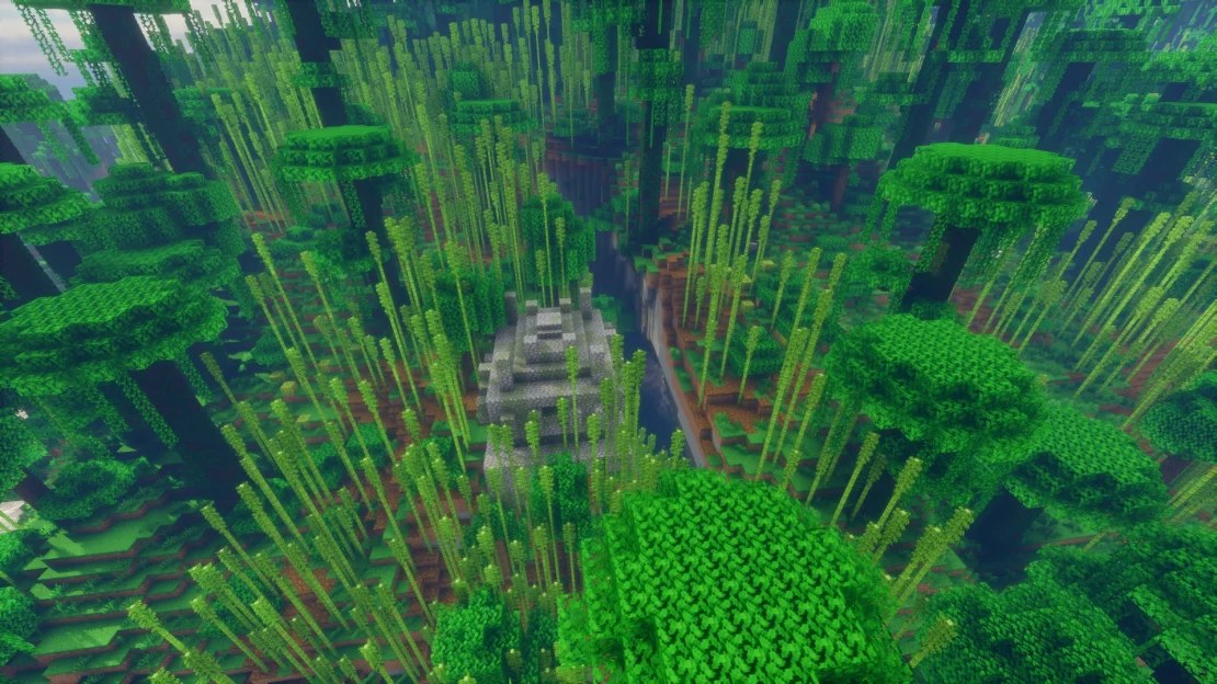 Minecraft bamboo jungle temple above a massive lush cave entrance