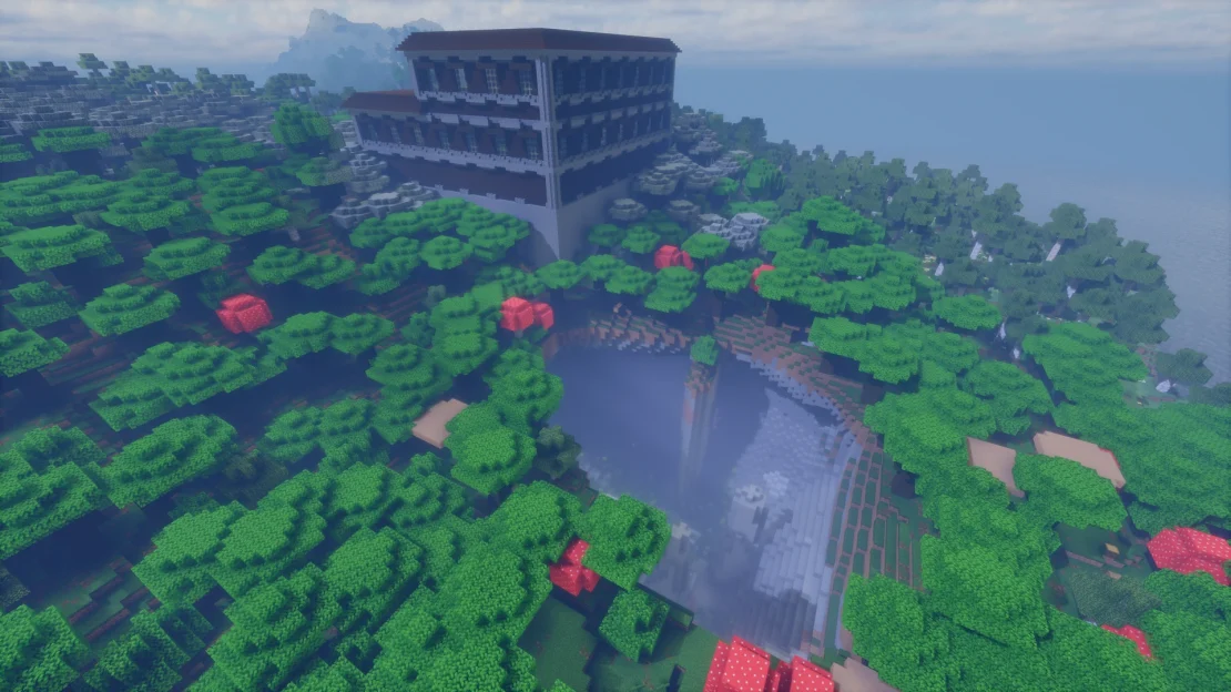 Woodland Mansion overlooking a massive sinkhole leading into lush caves in Minecraft