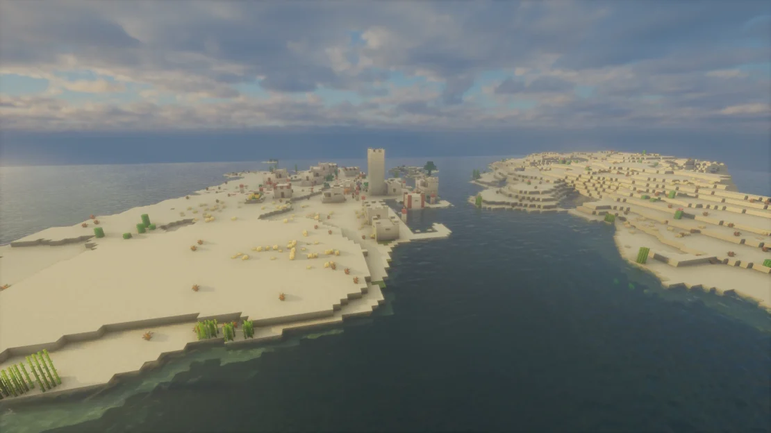 Minecraft desert island featuring a village and desert temple near spawn
