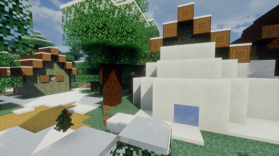 Abandoned taiga village with an igloo generating nearby in Minecraft