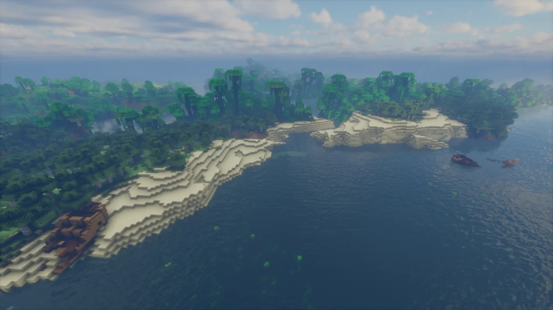Double shipwreck spawn beside a jungle biome in Minecraft