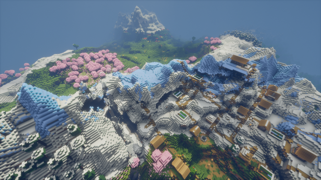 Snowy mountain village with a massive cave entrance leading deep underground in Minecraft