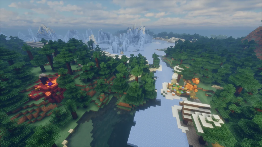 Taiga village near a frozen ocean with a ruined portal at spawn in Minecraft