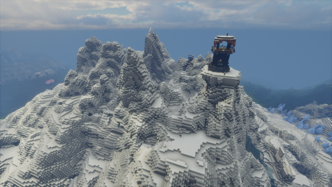 Pillager outpost and ruined portal generated on top of a snowy mountain peak in Minecraft